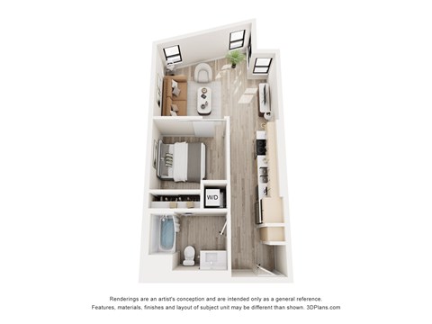 A 3D floor plan of a small apartment with a kitchen, living room, and bathroom.